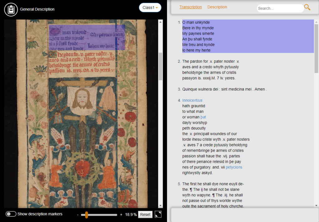 You can mouseover to highlight texts in the manuscript or page and it will show you the corresponding text on the other side.